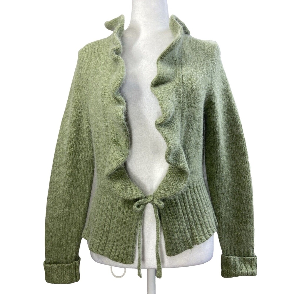 Elena Solano Cardigan Sweater Womens M Green Angora Wool Open Front Ruffle Tie